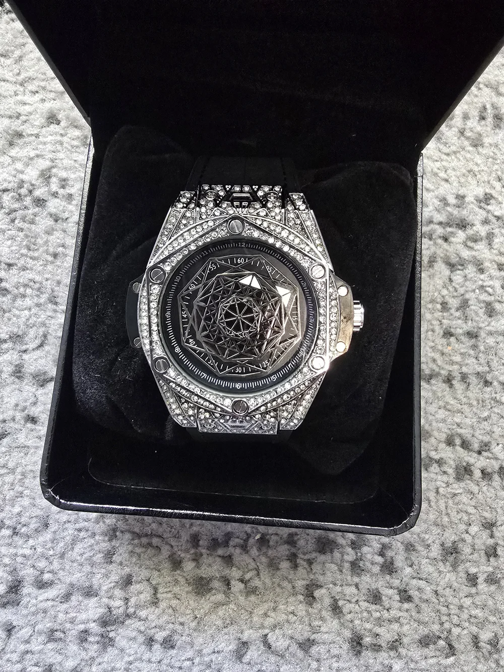 Men's Silver Crystal Accent Geometric Dial Watch